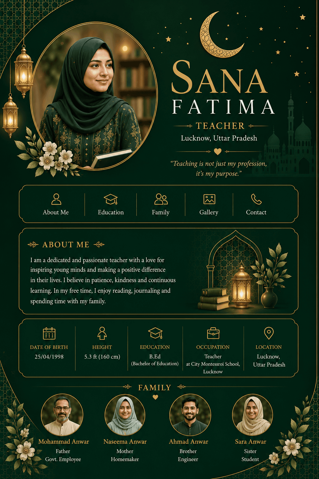 Sample marriage biodata in a green floral template