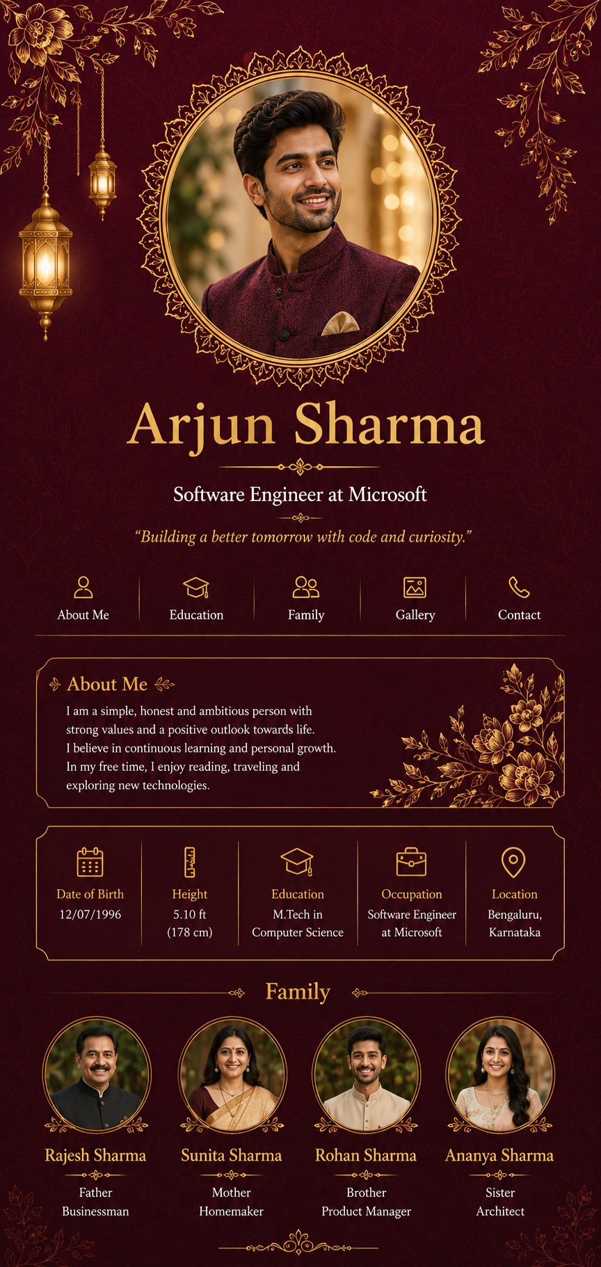 A Riishta marriage biodata template with each section labelled